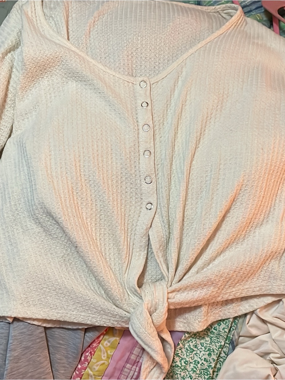 Waffle Knit Tie-Front Women’s Top - Cream